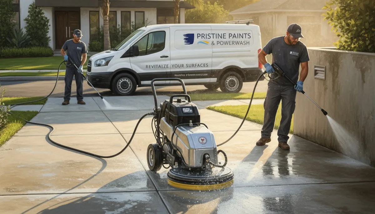 Concrete pressure cleaning in Kenosha, WI, removing stains and grime from a driveway and walkway