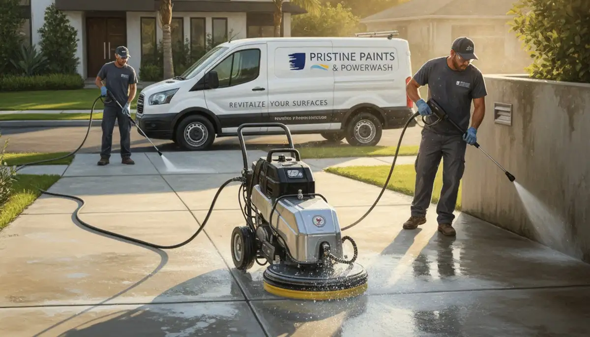 Concrete pressure cleaning in Kenosha, WI, removing stains and grime from a driveway and walkway