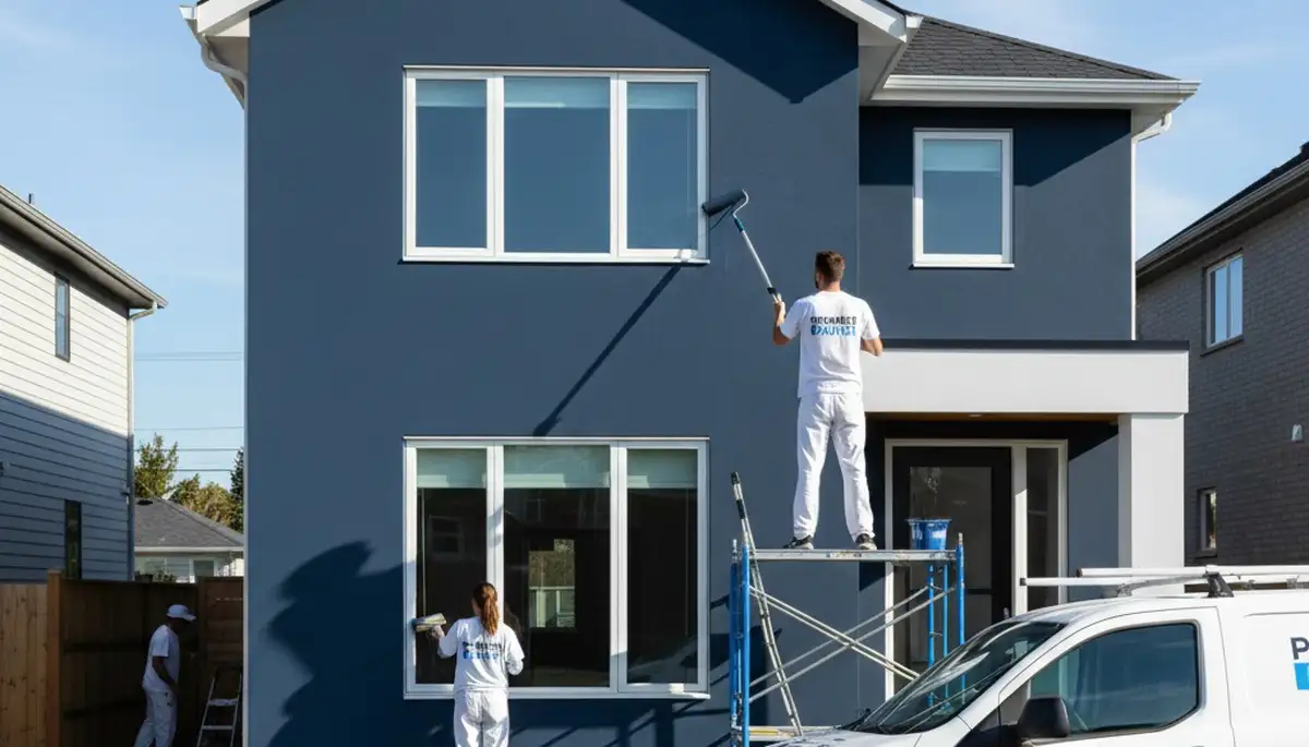 Professional house painters applying exterior paint on a Kenosha, WI home